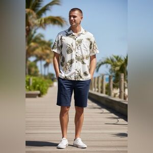 Vintage Hula Hula Hawaii WhiteTropical Print Men's Shirt-100% Rayon-Size Medium